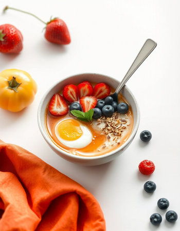 Healthy breakfast. Oatmeal porridge with fresh berries and egg on white background