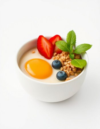 Breakfast with muesli, berries and egg on white backgroundの写真素材
