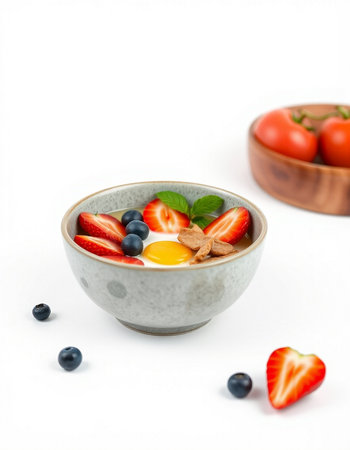 Yogurt with fresh berries and egg in a bowl on white background