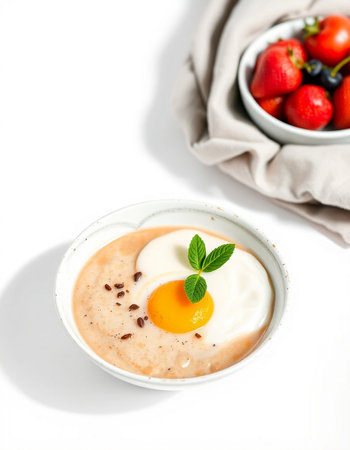 Creamy yogurt with egg yolk and fresh berries on white backgroundの写真素材