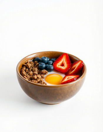 Healthy breakfast with granola, yogurt and berries on white backgroundの写真素材
