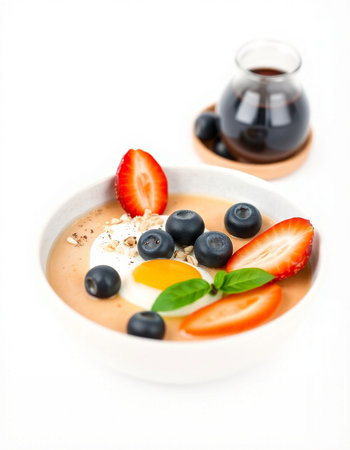 Healthy breakfast - oatmeal porridge with berries, yogurt and fresh berriesの写真素材