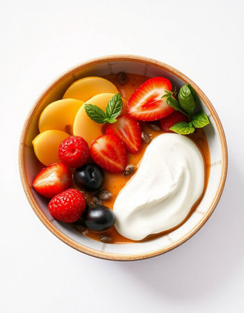 bowl of fruit salad with whipped cream on white background, top viewの写真素材