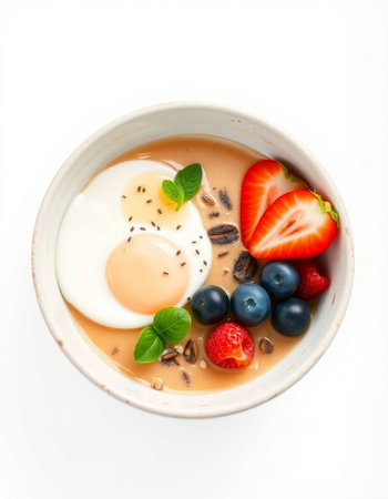 Yogurt with strawberries and blueberries on white background