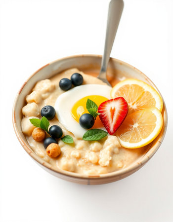 Oatmeal porridge with fresh berries and fried egg on white backgroundの写真素材