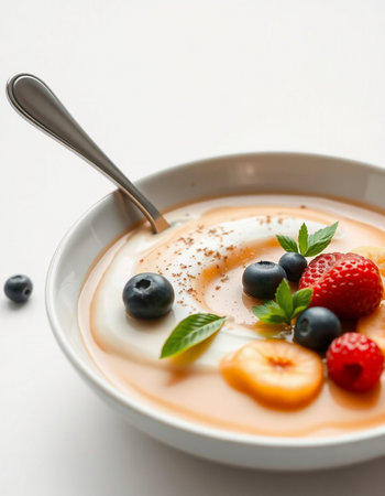 Pudding with cream and fresh berries on white background, closeupの写真素材