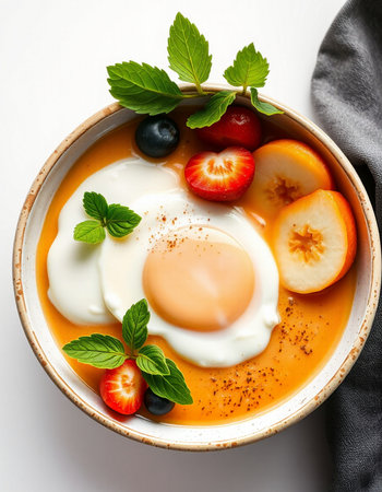 Tomato soup with egg and berries in a bowl, top viewの写真素材