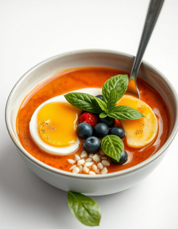 Tomato soup with egg, blueberries and basil in a bowlの写真素材