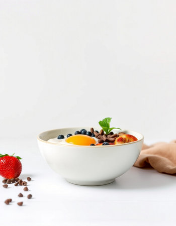 Healthy breakfast. Bowl of oatmeal with berries and egg yolk on white backgroundの写真素材