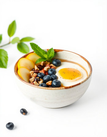 Healthy breakfast bowl with berries, nuts and fruits on white backgroundの写真素材