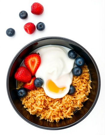 Healthy breakfast with muesli, yogurt and berries on white backgroundの写真素材