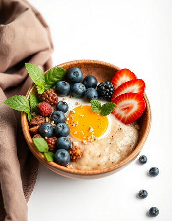 Oatmeal porridge with berries and egg in bowl on white backgroundの写真素材
