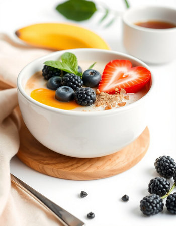 Healthy breakfast bowl with yogurt, berries and honey on white backgroundの写真素材