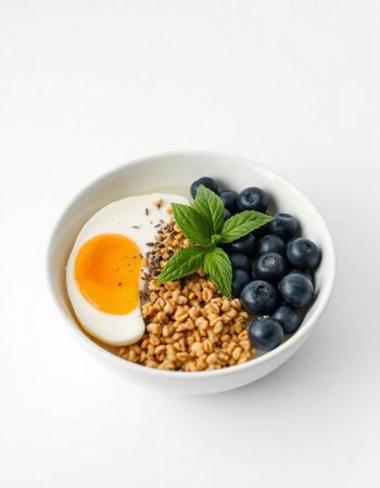Healthy breakfast with oatmeal, blueberries and egg on white backgroundの写真素材