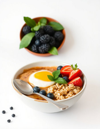 Healthy breakfast bowl with oatmeal, berries and fried egg on white backgroundの写真素材