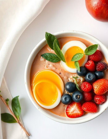 Healthy breakfast - oatmeal porridge with fresh berries and soft boiled eggsの写真素材