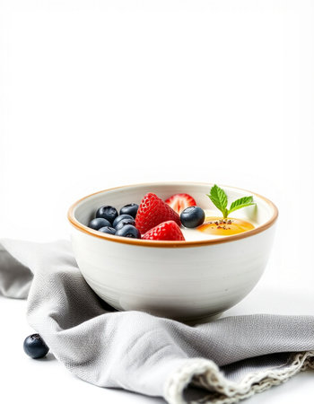 Fresh fruit salad with blueberries and strawberries in a bowl on white backgroundの写真素材
