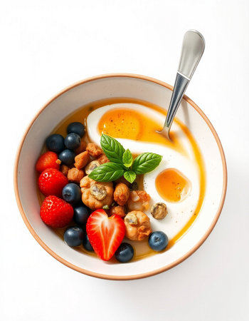 Greek yogurt with nuts, blueberries and strawberries on a white backgroundの写真素材