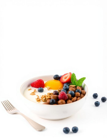 Healthy breakfast with muesli and fresh berries on white backgroundの写真素材