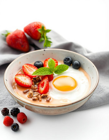 Breakfast with omelet, berries and granola on white backgroundの写真素材
