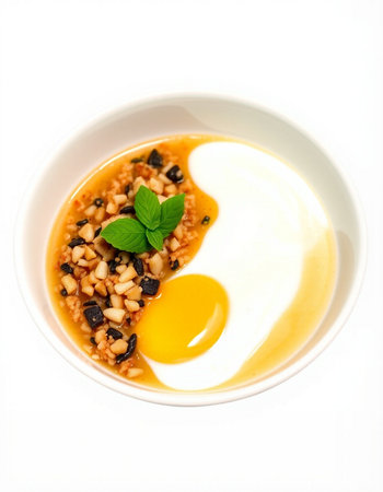 Rice porridge with egg and pine nuts on a white backgroundの写真素材