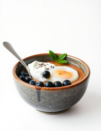 yogurt with blueberries in a ceramic bowlの写真素材