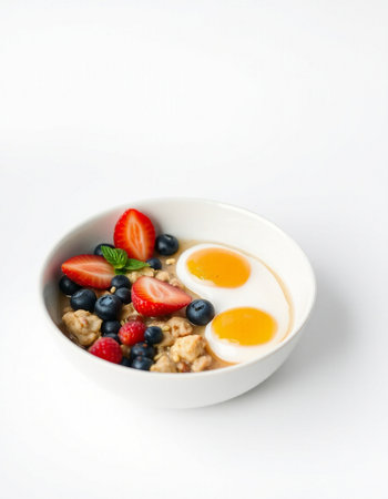 Oatmeal with fresh berries and egg in a bowl on white backgroundの写真素材