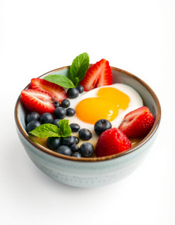 Breakfast with yogurt, strawberries and blueberries on a white backgroundの写真素材