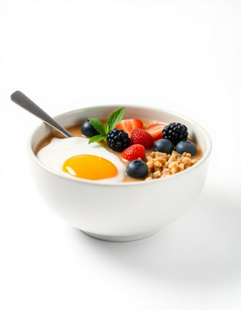 Bowl of oatmeal with fresh berries on white background