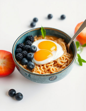 Bowl of instant noodles with fried egg and fresh berries on white backgroundの写真素材