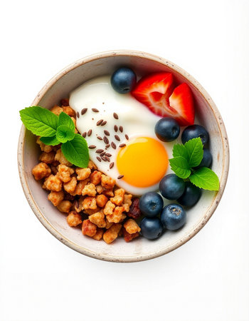 Healthy breakfast with muesli and fried egg on white backgroundの写真素材