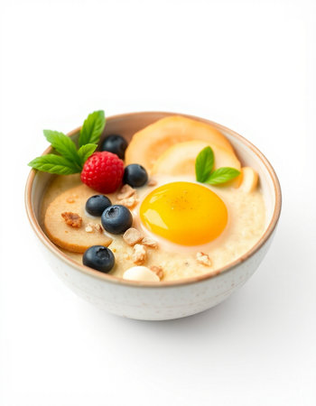 Oatmeal porridge with blueberries, raspberries and egg