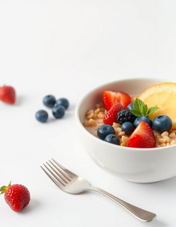 Oatmeal porridge with fresh berries on white background. Healthy breakfast.の写真素材