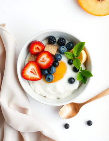 Healthy breakfast - yogurt with berries and fruits, top view.の写真素材