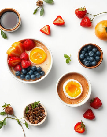 Bowls with tasty omelet and berries on white backgroundの写真素材