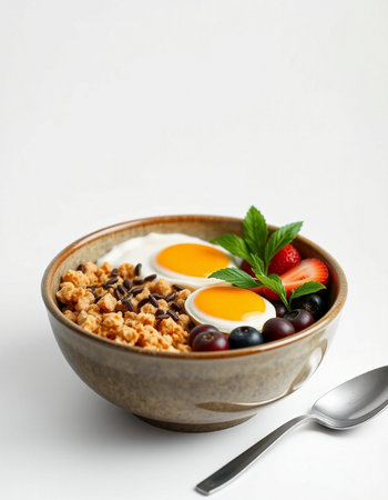 Healthy breakfast bowl with oatmeal, berries and egg yolkの写真素材