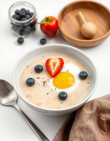 Oatmeal porridge with blueberries and strawberries on a white background