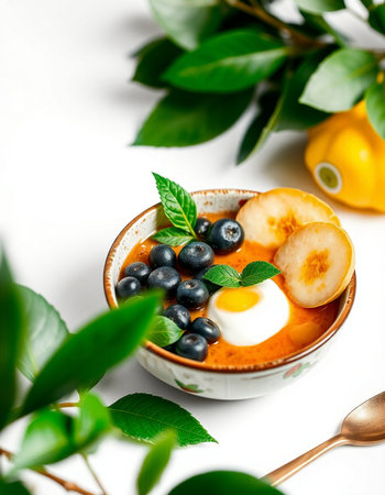 Greek yogurt soup with fresh blueberries and egg in bowl on white backgroundの写真素材