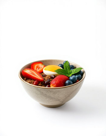 bowl of muesli with fresh berries and egg isolated on whiteの写真素材