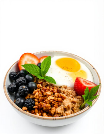 Healthy breakfast with oatmeal, berries and egg on white background