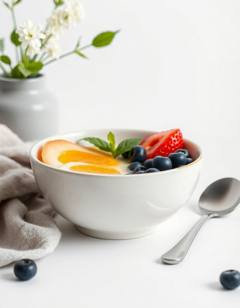 Bowl of yogurt with fresh berries on white background
