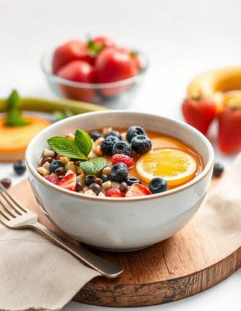 Healthy breakfast bowl with oatmeal, berries and orange juice on white background