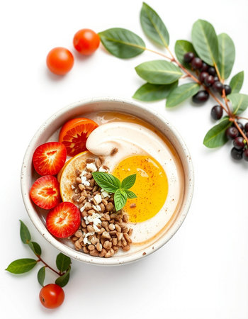 Healthy breakfast bowl of hummus with nuts and berries on white backgroundの写真素材