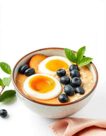 Oatmeal porridge with quail eggs and blueberries on white backgroundの写真素材