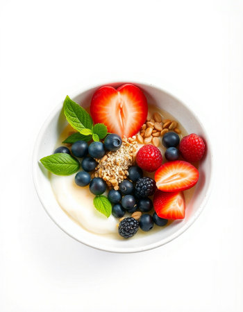 Yogurt with fresh berries and granola isolated on white backgroundの写真素材