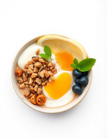 Breakfast with berries and fried eggs on a white backgroundの写真素材