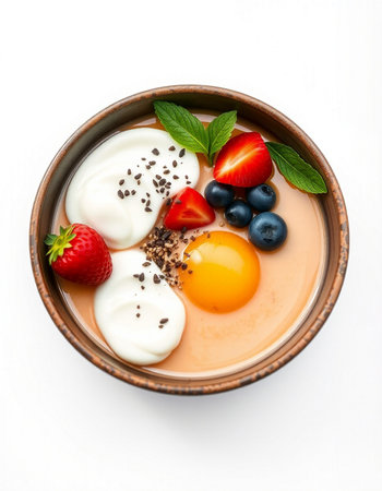 Greek yogurt with fresh berries in a bowl isolated on white background.の写真素材
