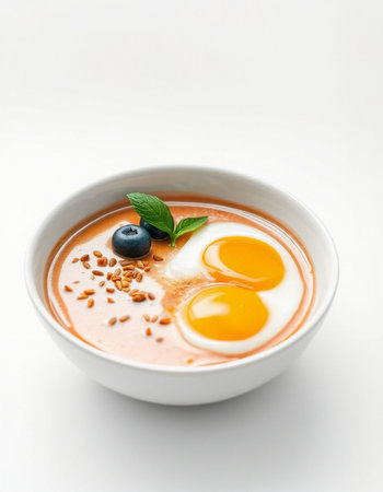 Bowl of yogurt with egg and blueberryの写真素材