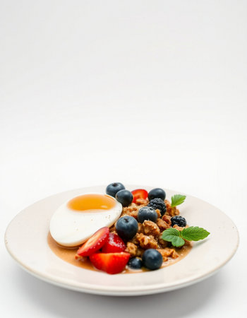 Muesli with strawberries and blueberries in a plate on a white backgroundの写真素材