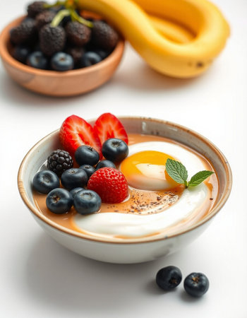 Healthy breakfast with yogurt, berries and egg on a white background